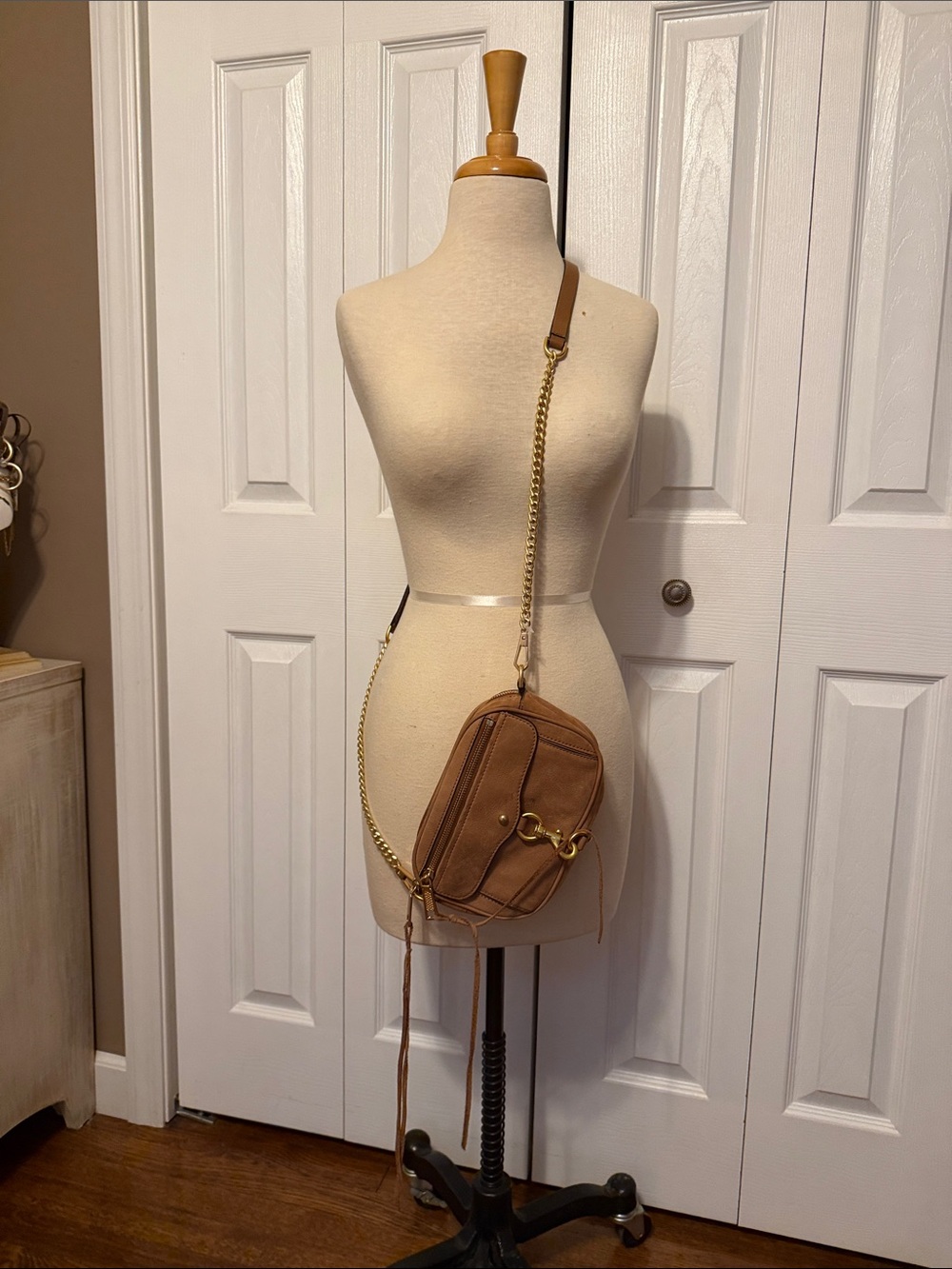 Tan suede Rebecca Minkoff crossbody bag. Gold hardware